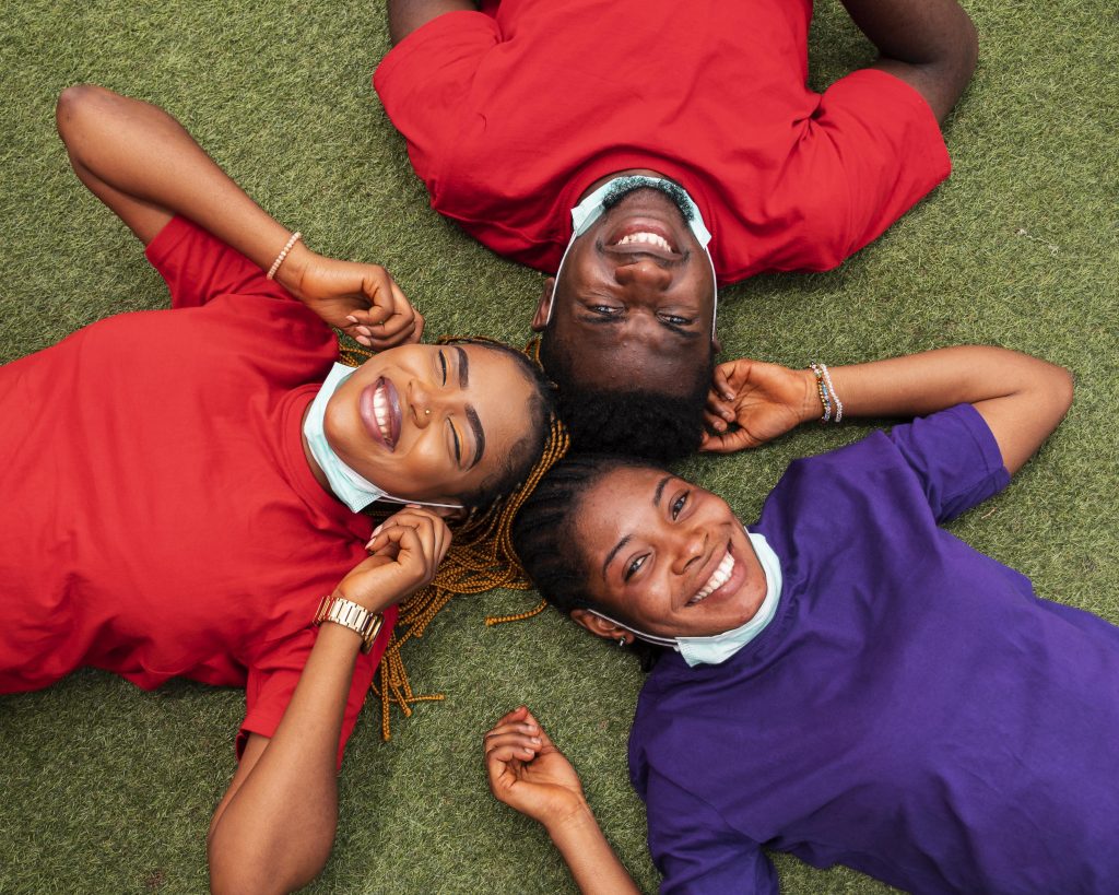 high-angle-friends-with-face-mask-concept